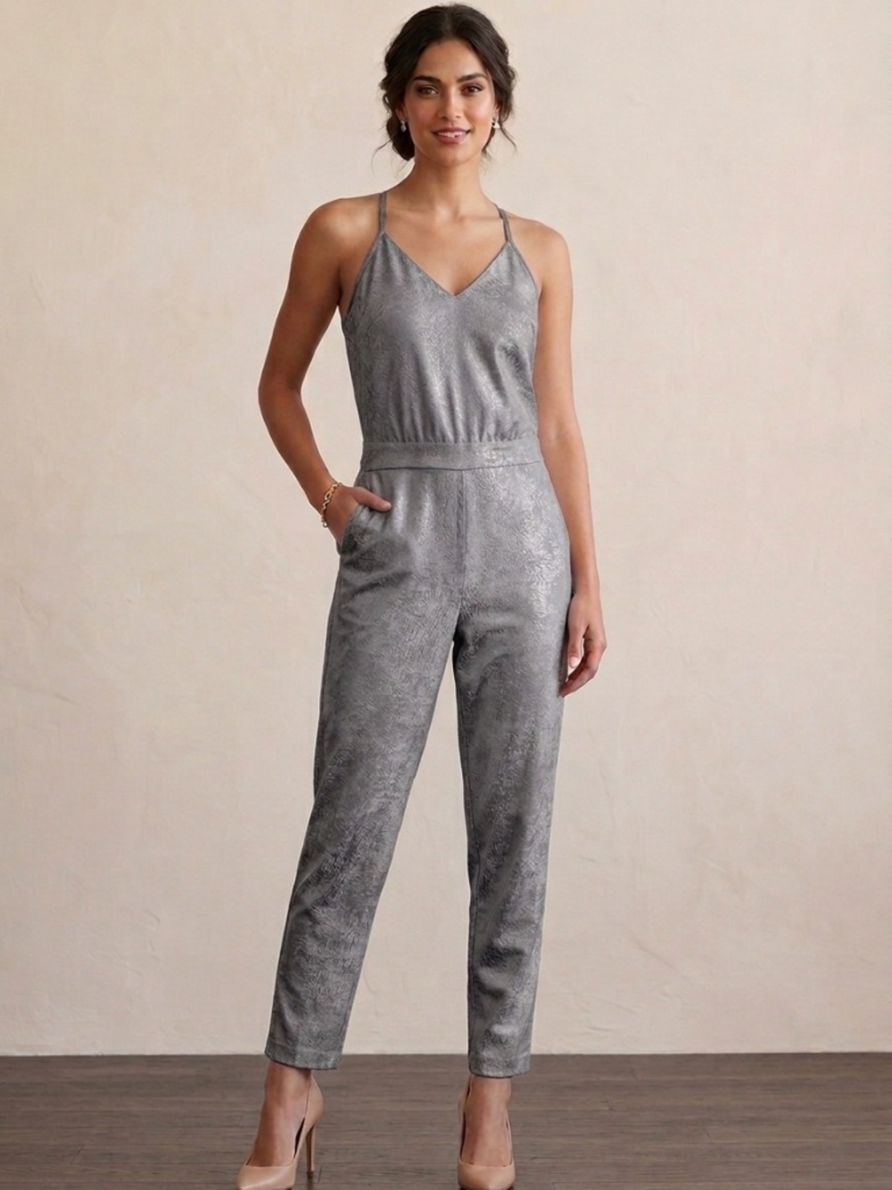 Halston Heritage Silver V-Neck Jumpsuit 2 PTC070162P